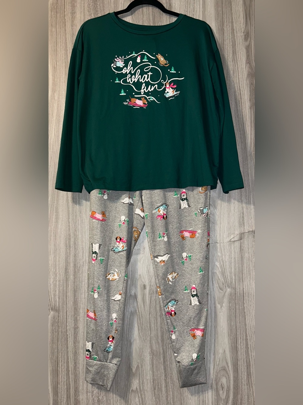 Joy Spun Dog Christmas Oh What Fun Pajama Set with Grey Holiday Print Pants S
